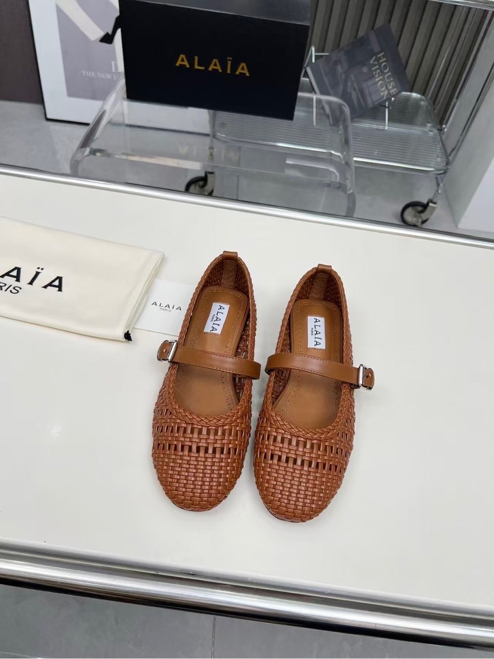 Alaia Brown Woven Mary Jane Flats - Picture 2 of 8